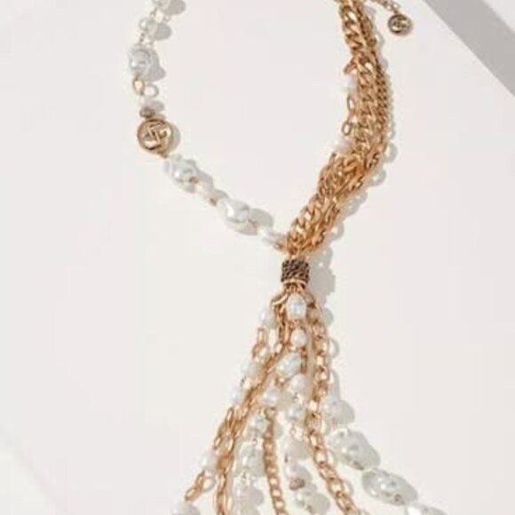 NWT CHICOS long gold tone and freshwater pearl signature Tassel women's Necklace - Picture 1 of 3